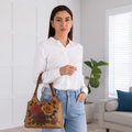 Women's handpainted roses tote shoulder handbag for work, travel, and daily use-model image