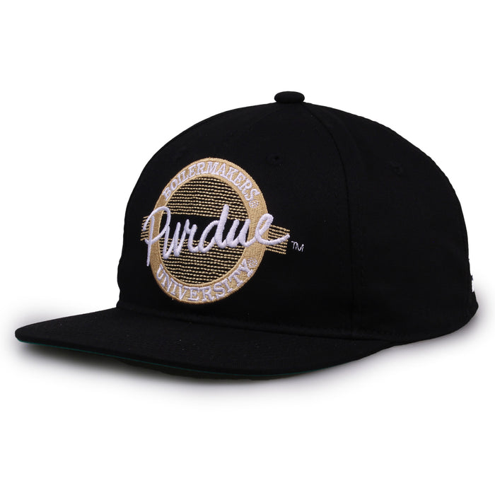 Purdue Retro Circle snapback hat in black, angled view
