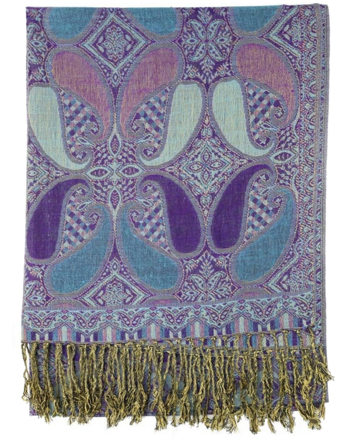 A purple and blue paisley pattern pashmina with fringes displayed on a white background.