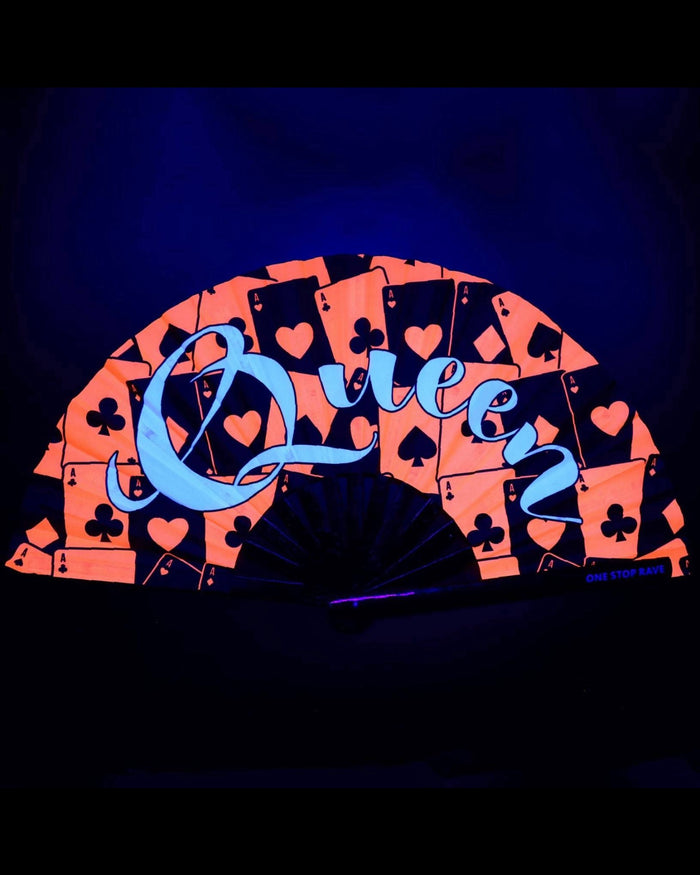 Queen of Hearts hand fan red and black playing card design open view under black light.