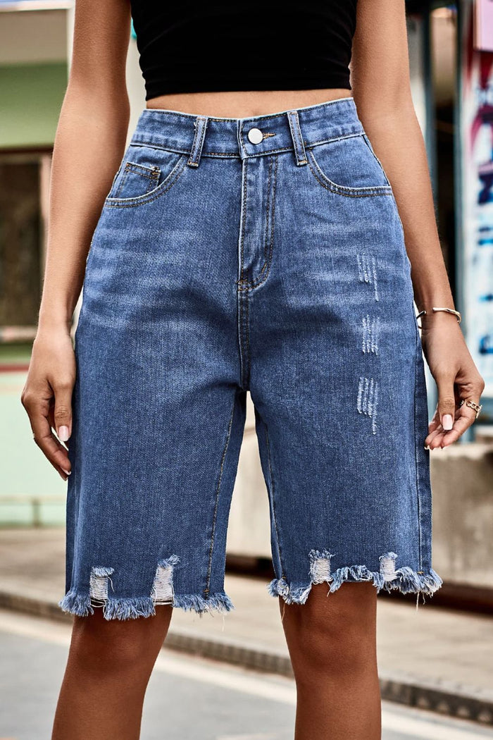 Raw Hem High Waist Denim Bermuda Shorts
