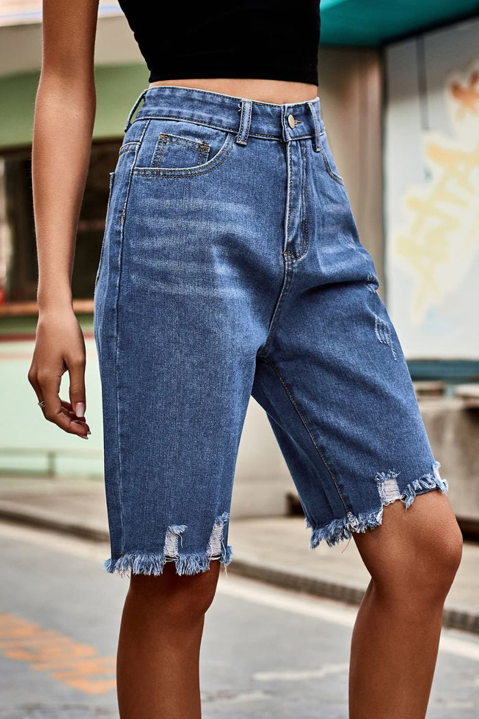 Raw Hem High Waist Denim Bermuda Shorts