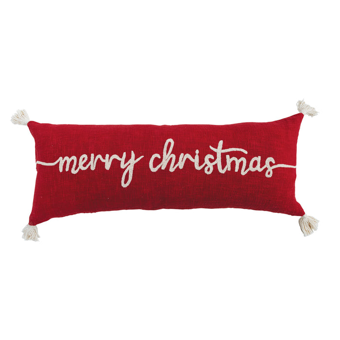Red Merry Christmas Embroidered Cotton Lumbar Pillow