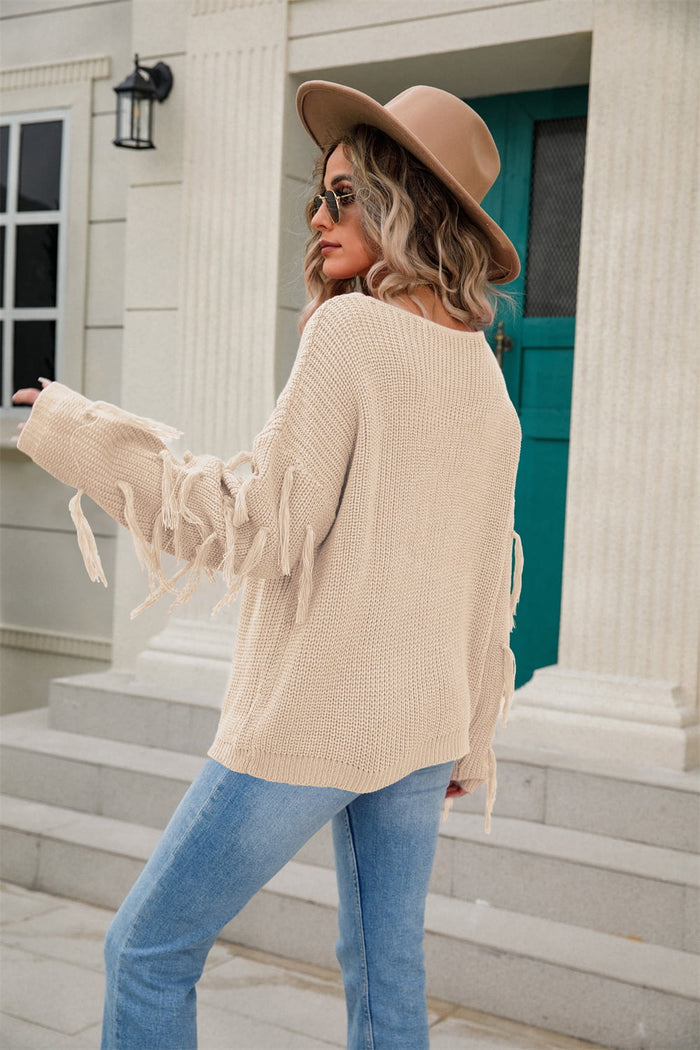 Ribbed Drop Shoulder Fringe Hem Sweater