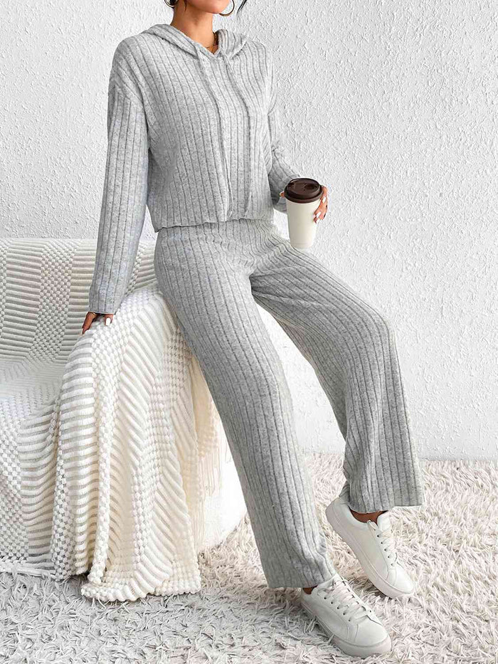 Ribbed Knit Cropped Hoodie & Wide-Leg Pants Set
