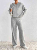Ribbed Knit Cropped Hoodie & Wide-Leg Pants Set