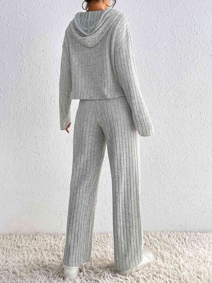 Ribbed Knit Cropped Hoodie & Wide-Leg Pants Set