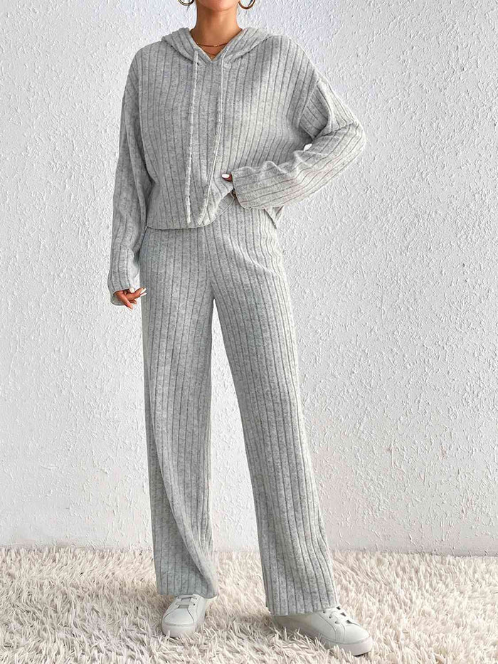 Ribbed Knit Cropped Hoodie & Wide-Leg Pants Set