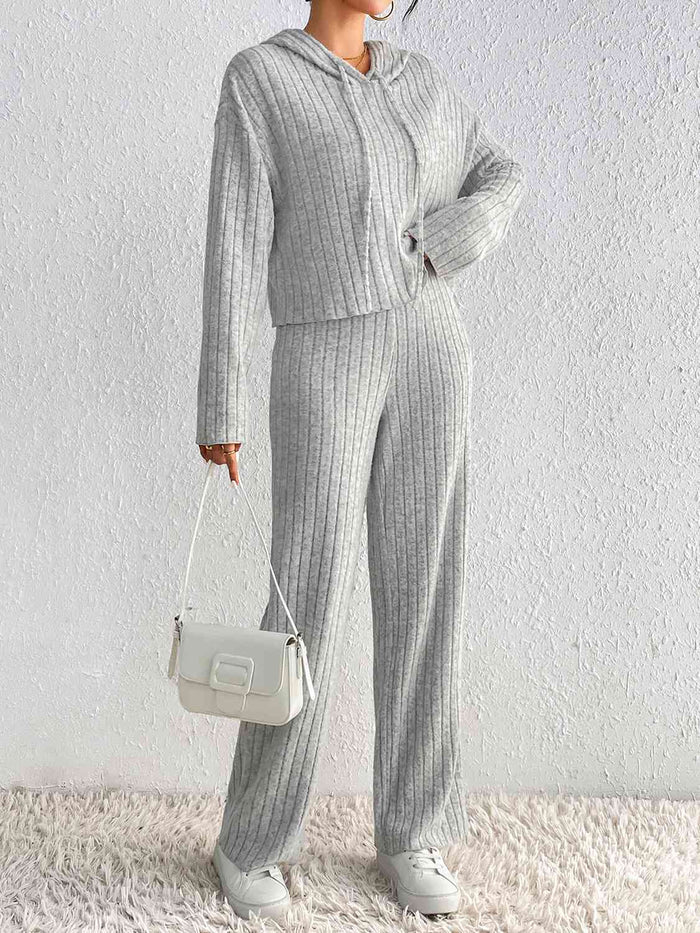 Ribbed Knit Cropped Hoodie & Wide-Leg Pants Set