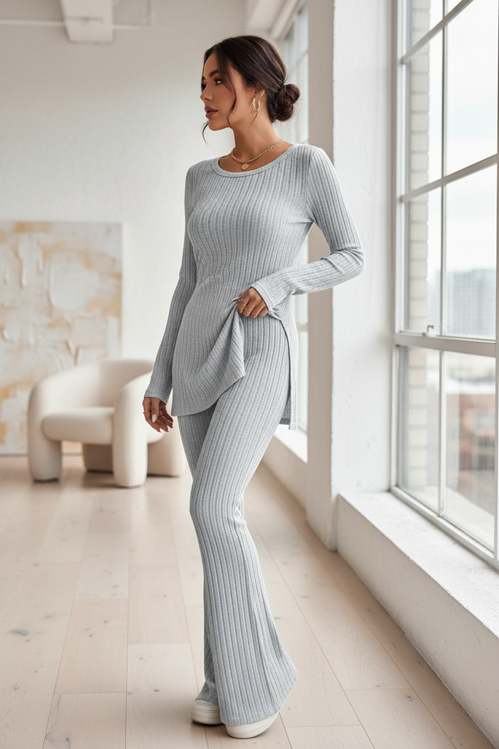 Grey Ribbed Knit Set