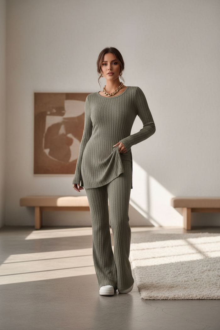 Olive Ribbed Knit Set
