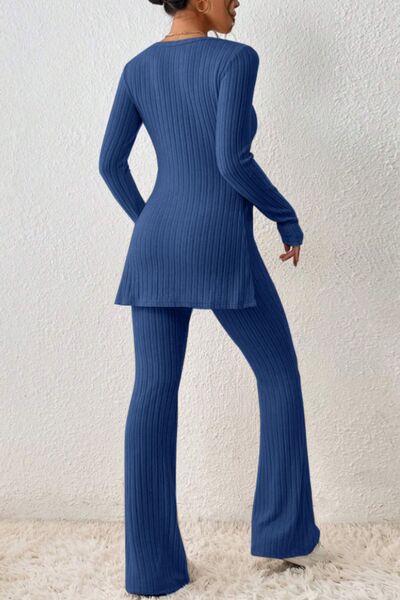 Ribbed Long Sleeve Slit Top & Bootcut Pants Set