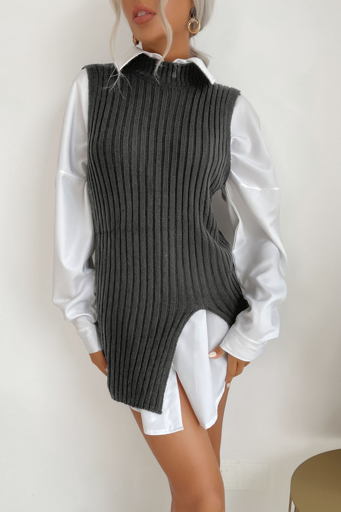 Ribbed Slit Hem Sweater Vest Dress