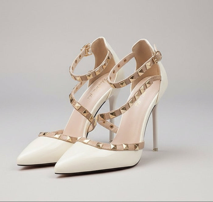 Rivet Ankle Strap Pointed-Toe Pumps | Studded Stiletto Heels