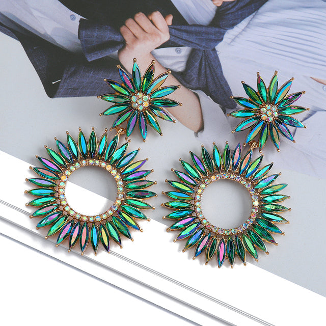 Round Boho Flower Crystal Earrings — Colorful Statement