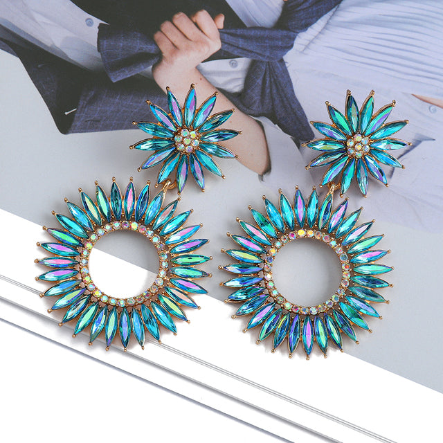 Round Boho Flower Crystal Earrings — Colorful Statement