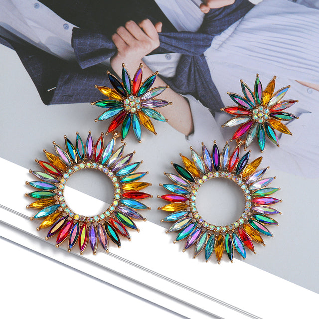Round Boho Flower Crystal Earrings — Colorful Statement