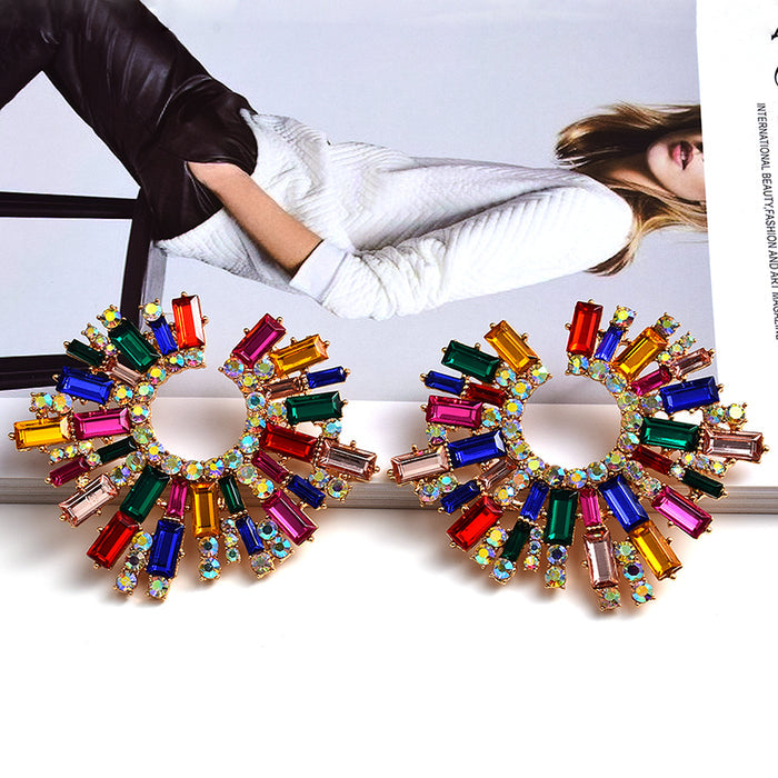 Round Geometric Crystal Statement Earrings