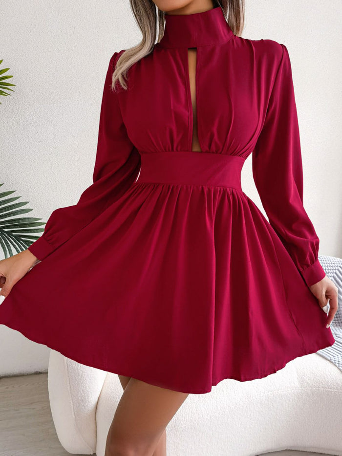 Ruched Keyhole Turtleneck Mini Dress