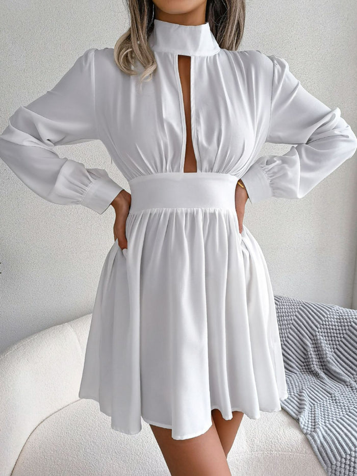 Ruched Keyhole Turtleneck Mini Dress