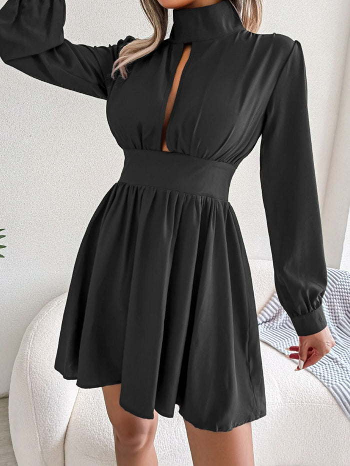 Ruched Keyhole Turtleneck Mini Dress