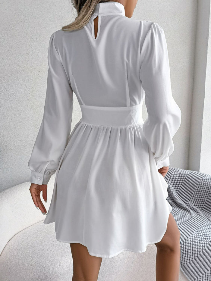 Ruched Keyhole Turtleneck Mini Dress