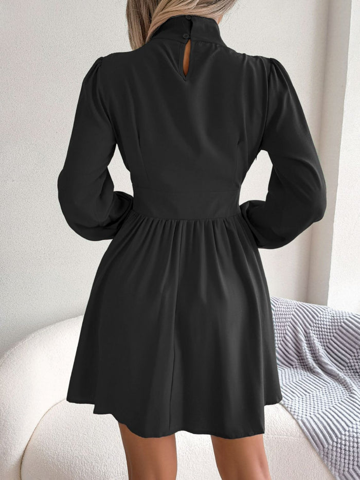 Ruched Keyhole Turtleneck Mini Dress