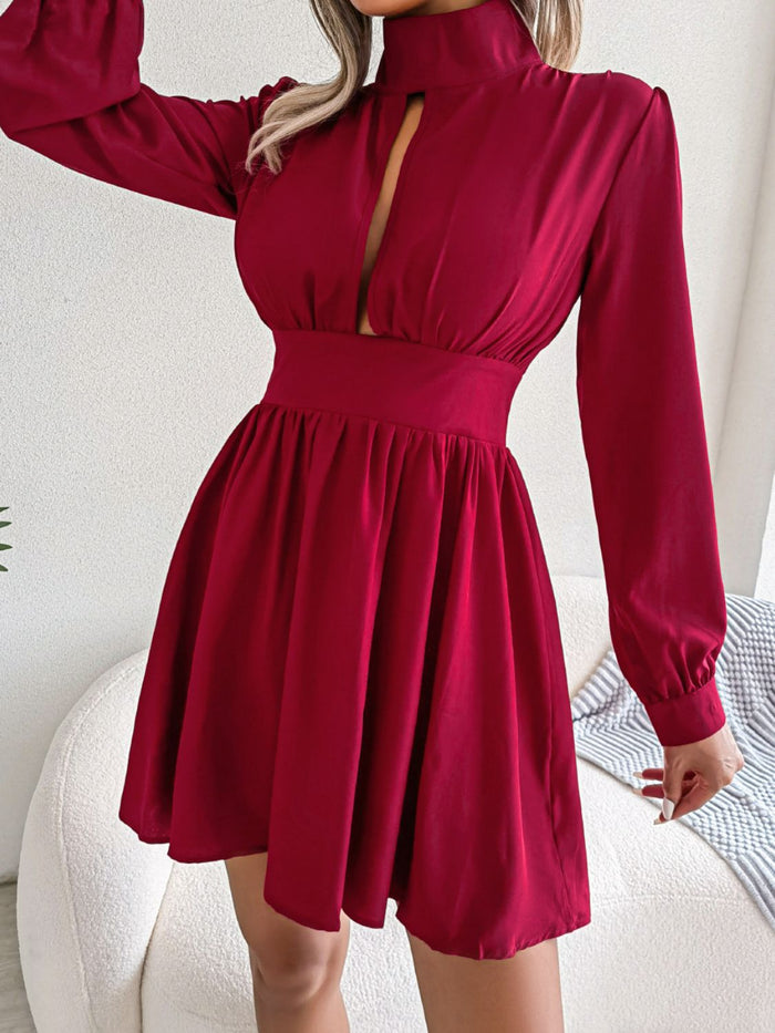 Ruched Keyhole Turtleneck Mini Dress