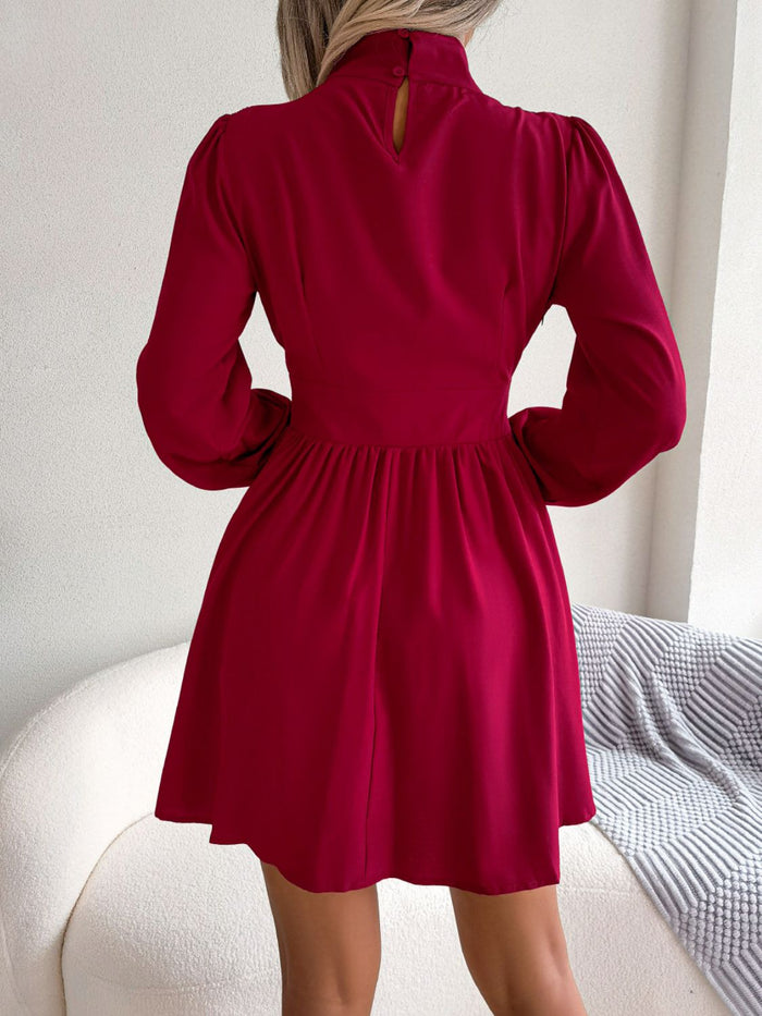 Ruched Keyhole Turtleneck Mini Dress