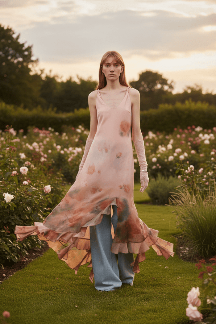 Silk V - Neck Ruffled Draped Twist Strap Summer Dress "Rosy Ombre" - The PM Edit