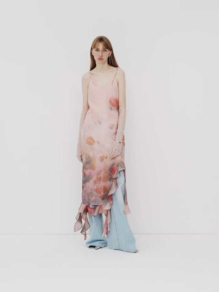 Silk V - Neck Ruffled Draped Twist Strap Summer Dress "Rosy Ombre" - The PM Edit