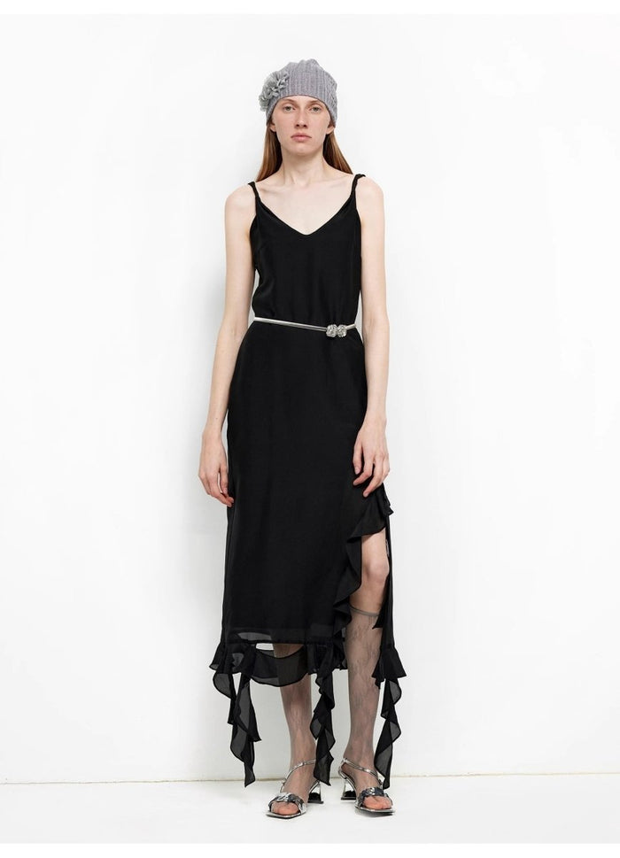 Silk V - Neck Ruffled Draped Twist Strap Summer Dress "Rosy Ombre" - The PM Edit