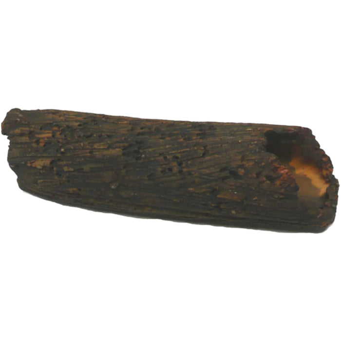 Realistic aquarium decoration shaped like a hollow driftwood log, providing a natural hiding spot for fish and shrimp.