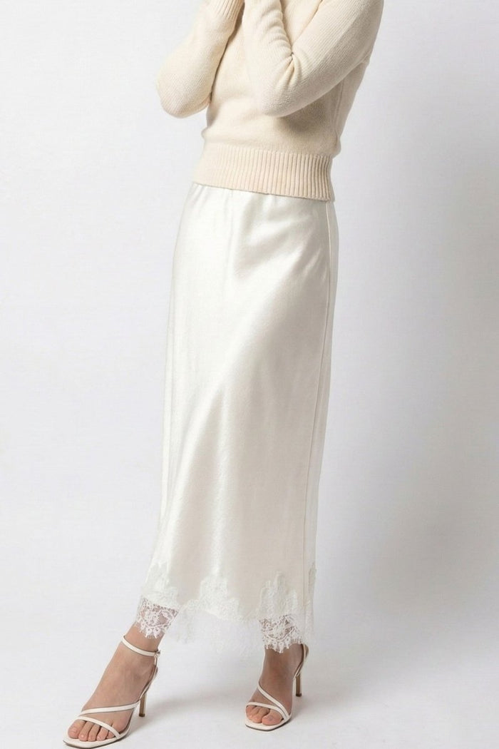 Satin Midi Skirt With Lace Trim - The PM Edit