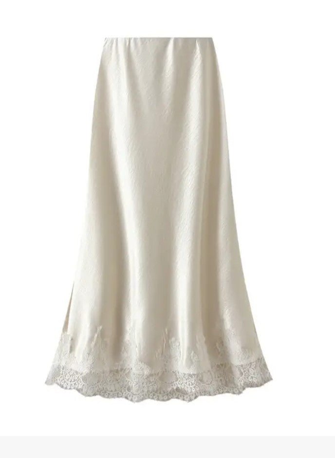 Satin Midi Skirt With Lace Trim - The PM Edit