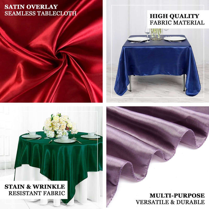 Satin tablecloths in red, blue, green, and purple, showcasing high-quality fabric.