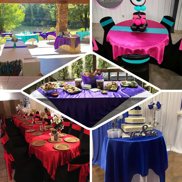 Colorful event tables decorated with various tablecloths and centerpieces.