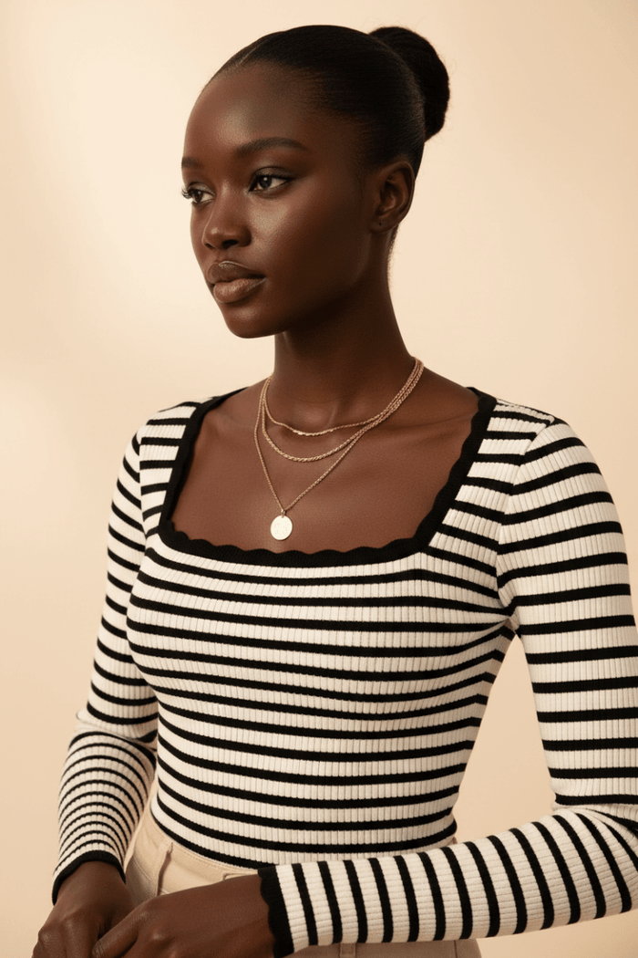Scalloped Neckline Striped Ribbed Knit Top | The PM Edit - The PM Edit