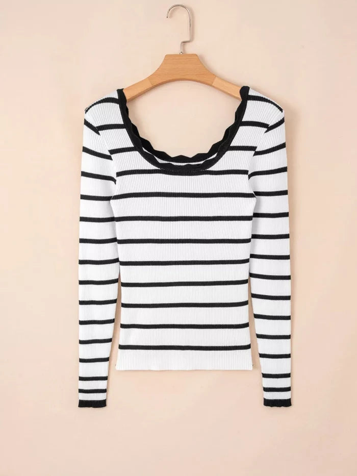 Scalloped Neckline Striped Ribbed Knit Top | The PM Edit - The PM Edit