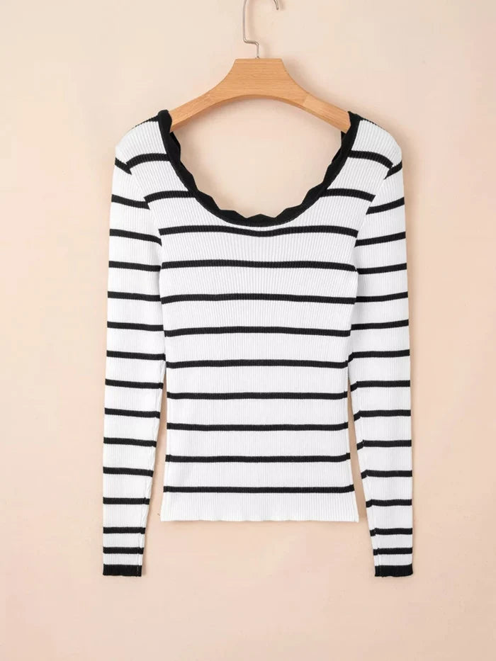 Scalloped Neckline Striped Ribbed Knit Top | The PM Edit - The PM Edit