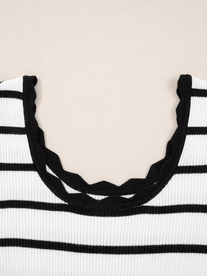Scalloped Neckline Striped Ribbed Knit Top | The PM Edit - The PM Edit