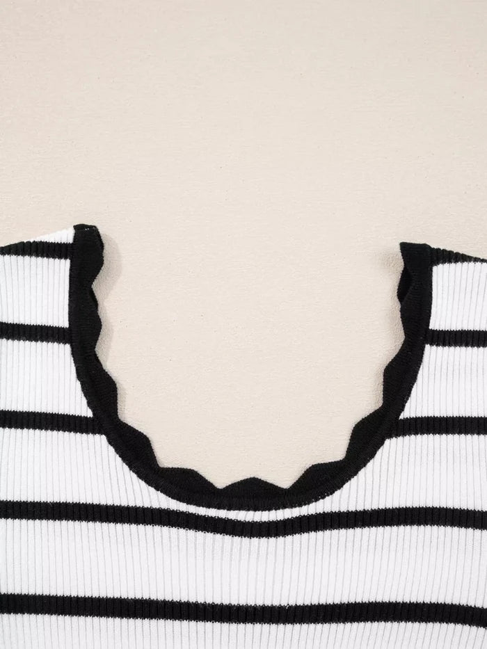 Scalloped Neckline Striped Ribbed Knit Top | The PM Edit - The PM Edit
