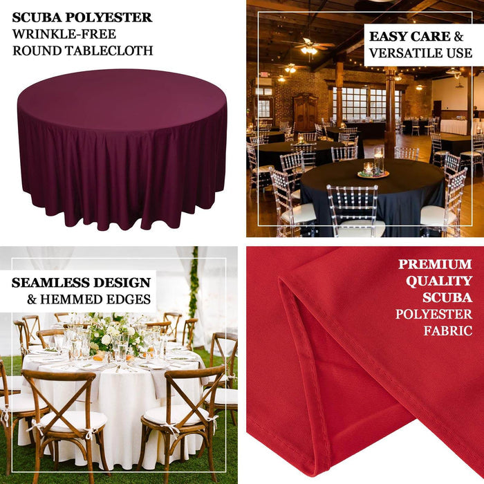 Scuba polyester wrinkle-free round tablecloth in burgundy color.