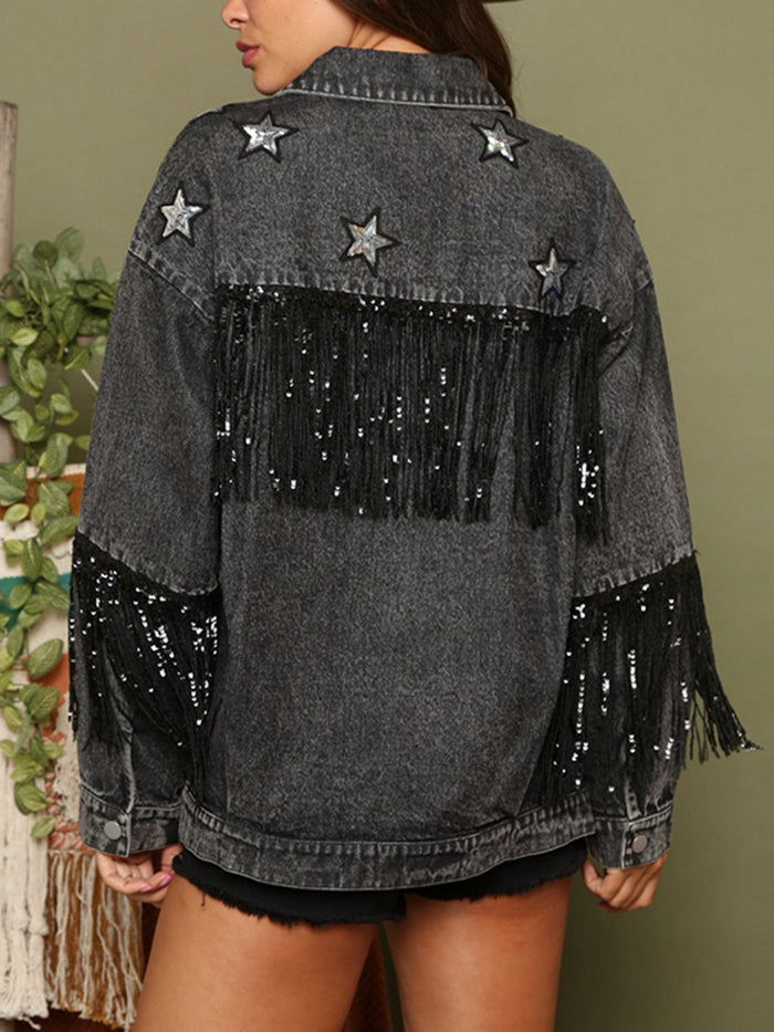 Sequin Fringe Star Patch Denim Jacket
