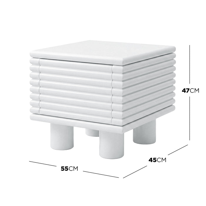 White ribbed cube side table with dimension annotations on white background