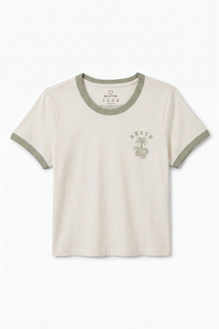 Women's Serpent Baby T-Shirt in the color White/Desert Sage - Front Product View