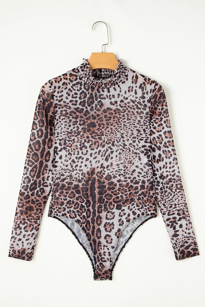 Sheer Mesh Leopard Smocked Mock Neck Bodysuit