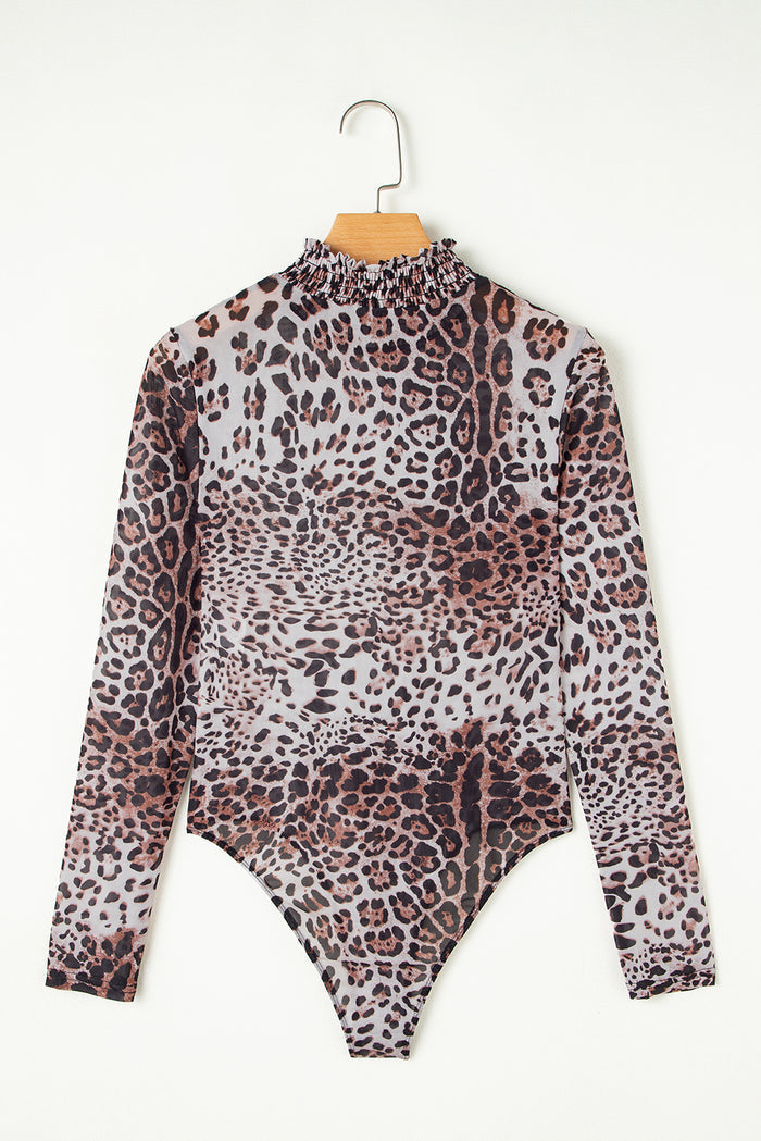 Sheer Mesh Leopard Smocked Mock Neck Bodysuit