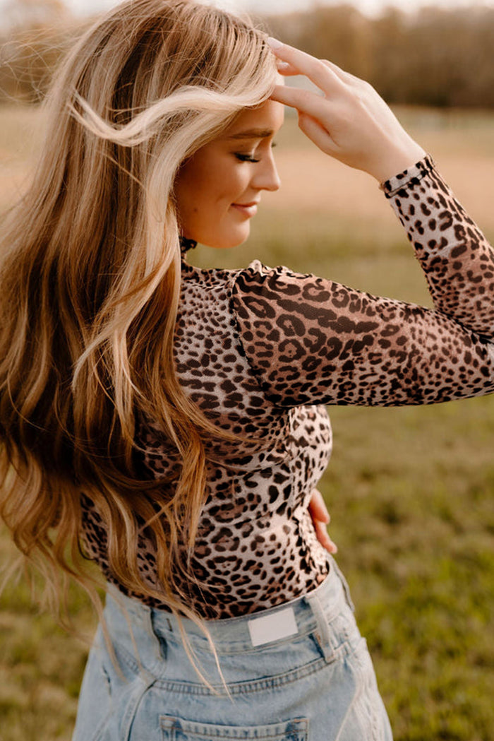 Sheer Mesh Leopard Smocked Mock Neck Bodysuit