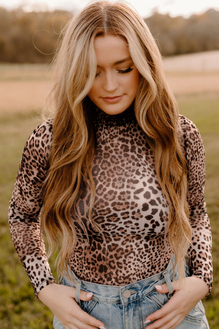 Sheer Mesh Leopard Smocked Mock Neck Bodysuit